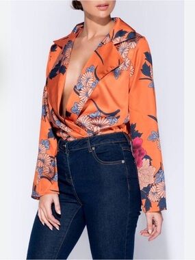 Orange Floral Satin Wrap Blouse